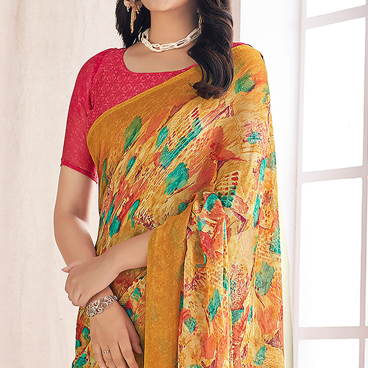 Mustard Printed Chiffon Saree