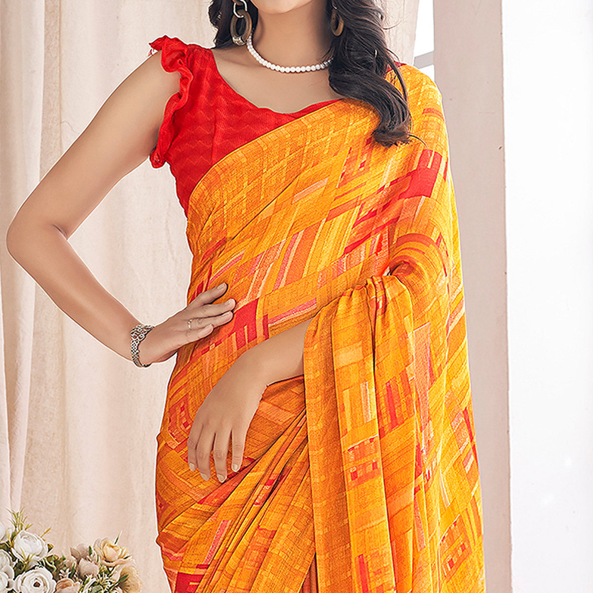 Mustard Geometric Printed Chiffon Saree