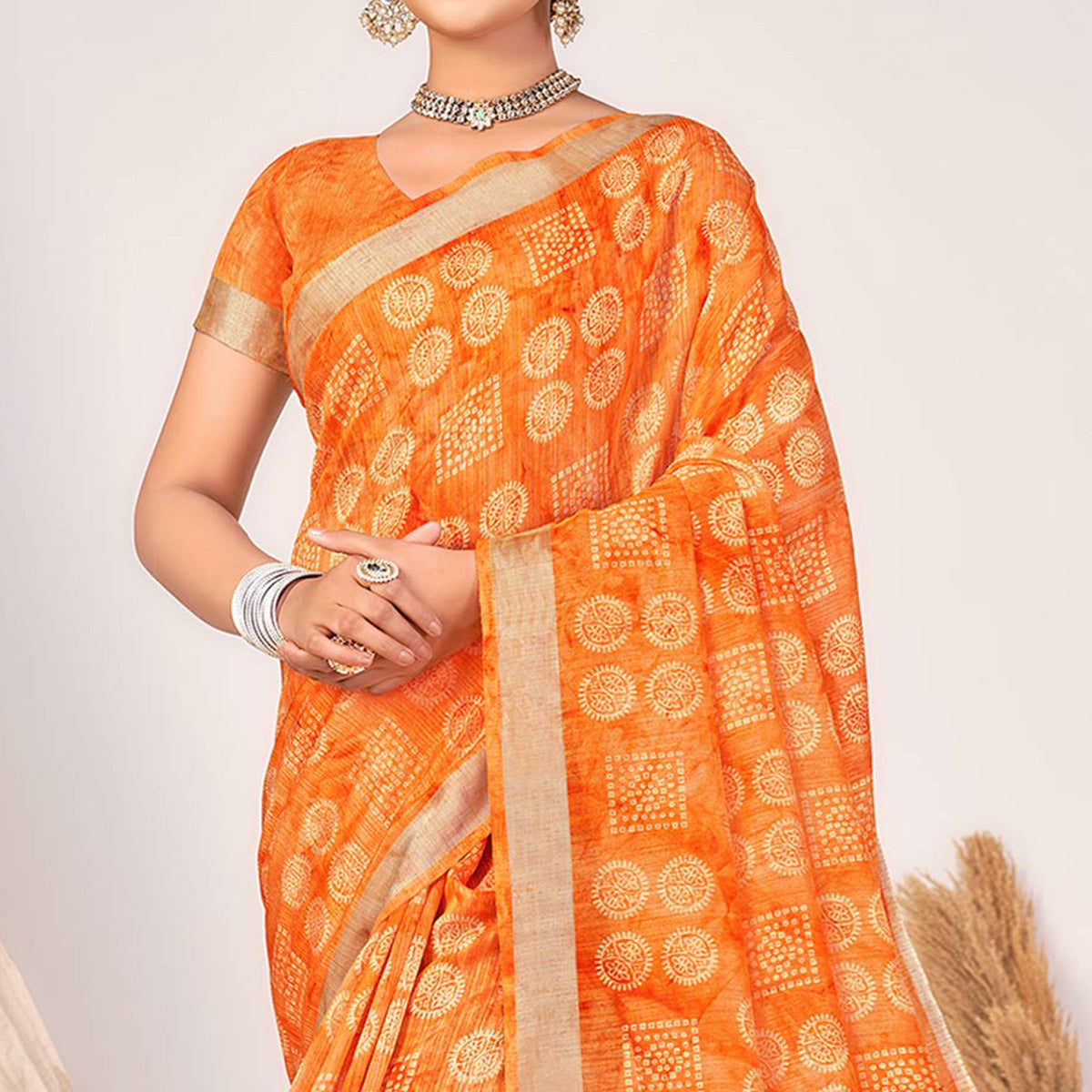 Orange Printed Cotton Silk Saree With Woven Border