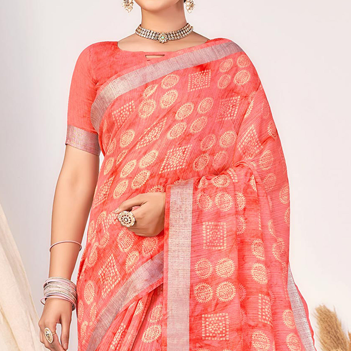 Salmon Pink Printed Cotton Silk Saree With Woven Border