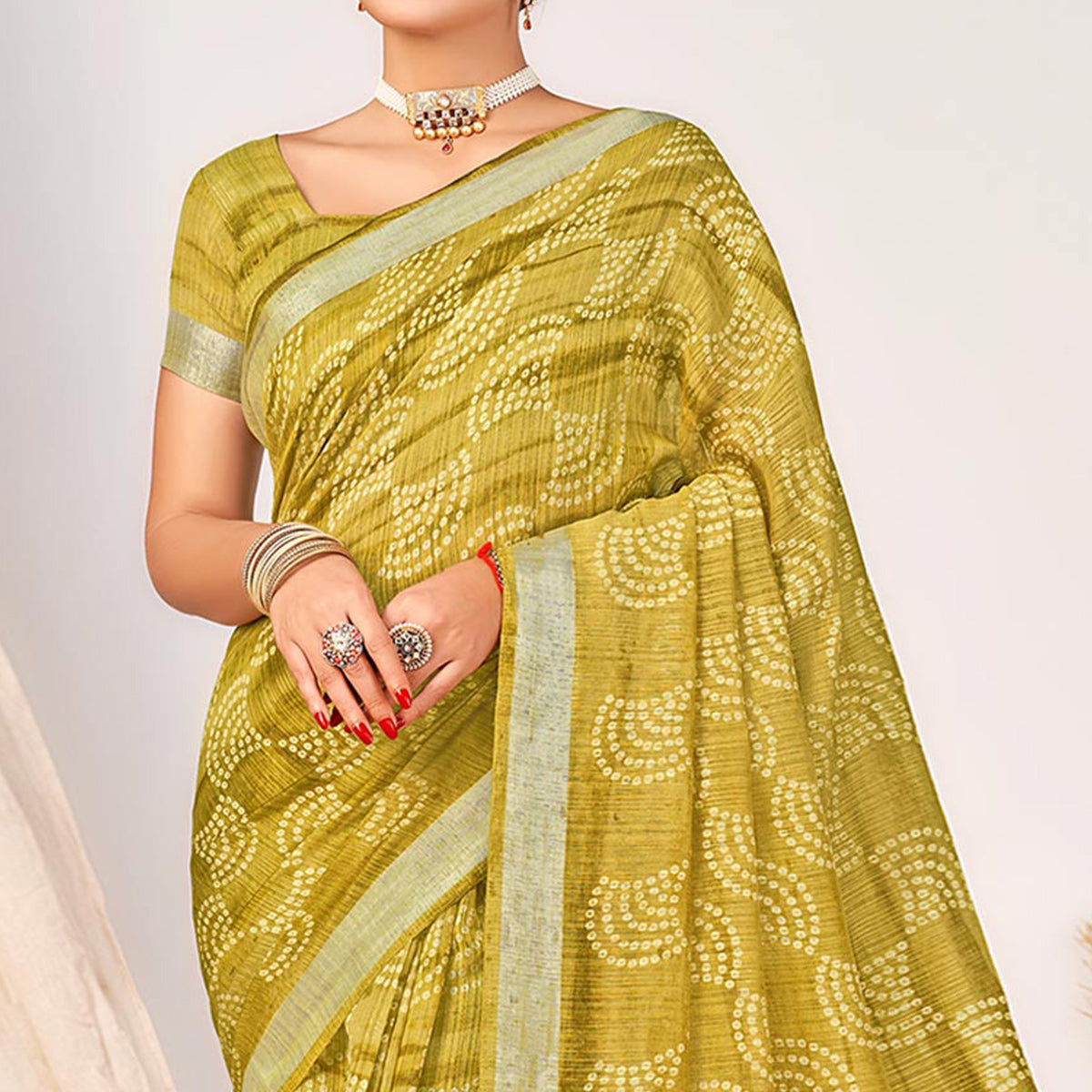 Olive Green Printed Cotton Silk Saree With Woven Border