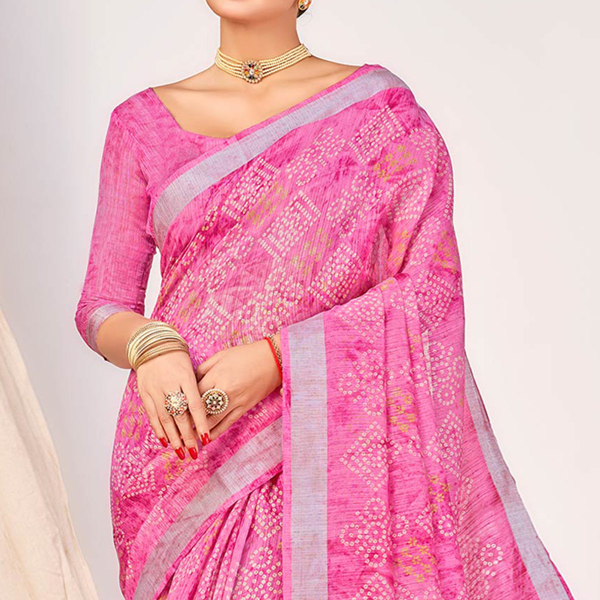 Pink Printed Cotton Silk Saree With Woven Border