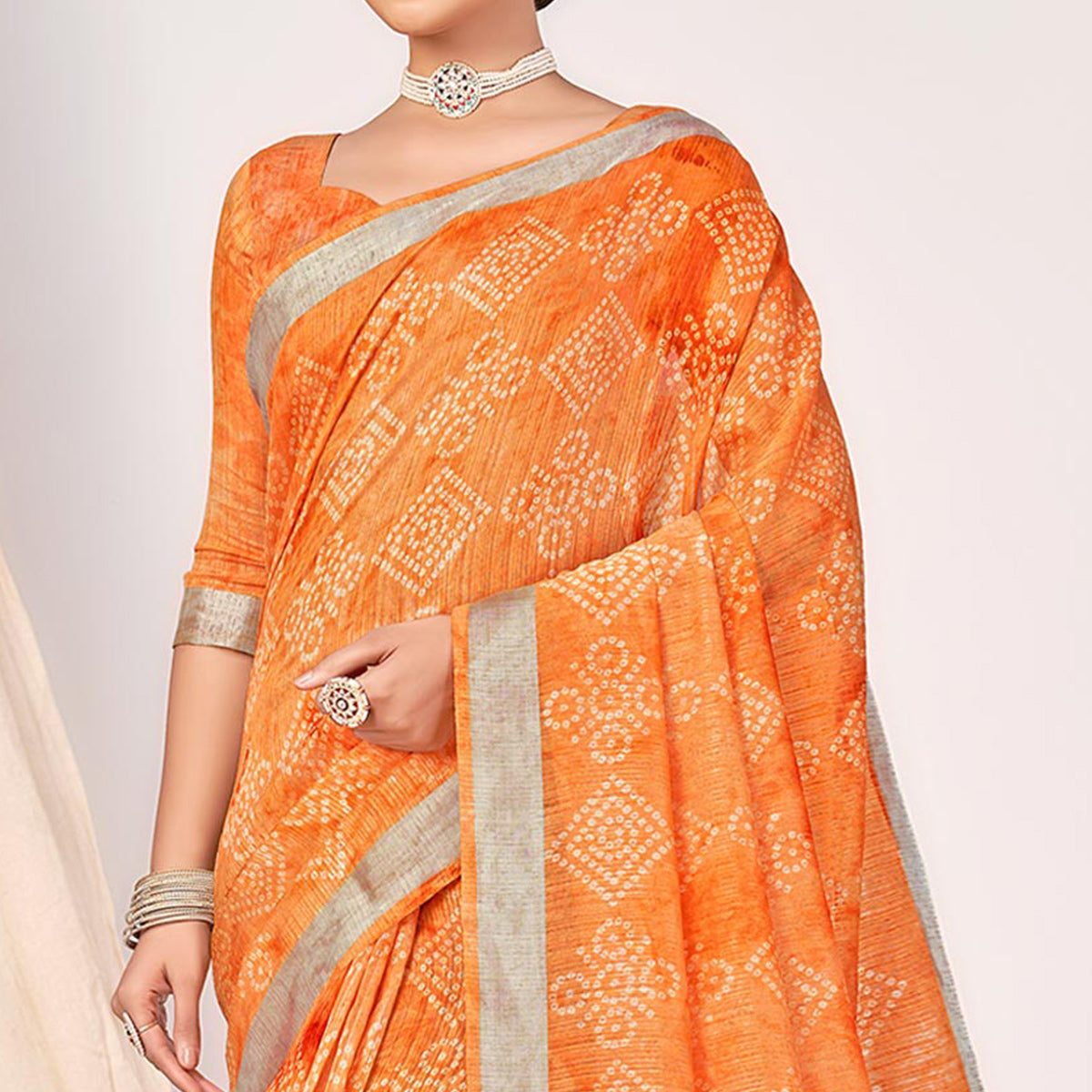 Orange Printed Cotton Silk Saree With Woven Border