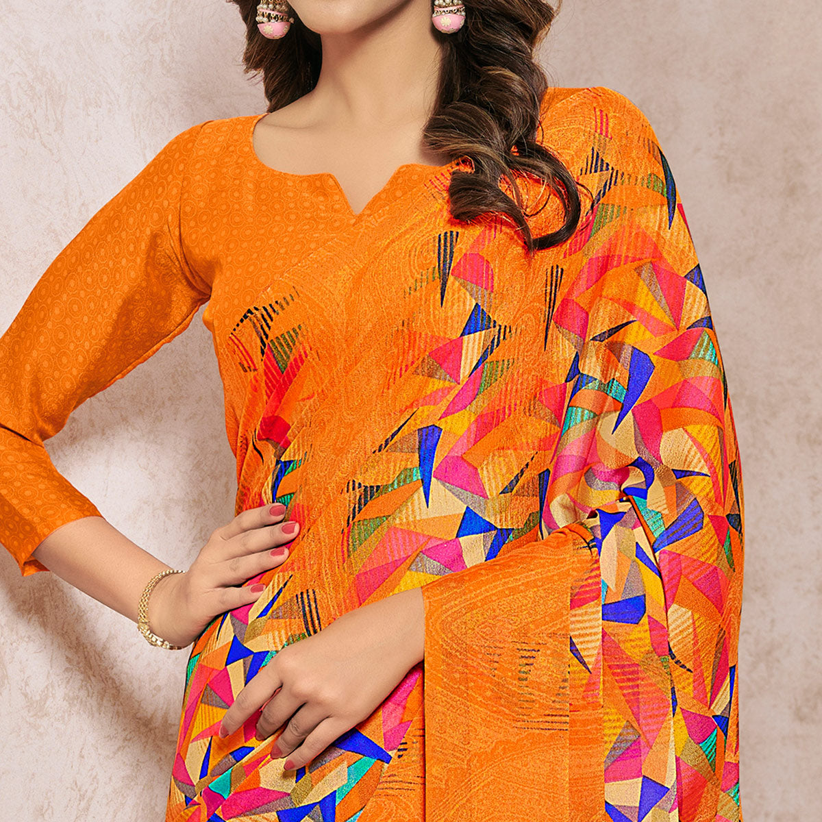 Orange Printed Georgette Saree