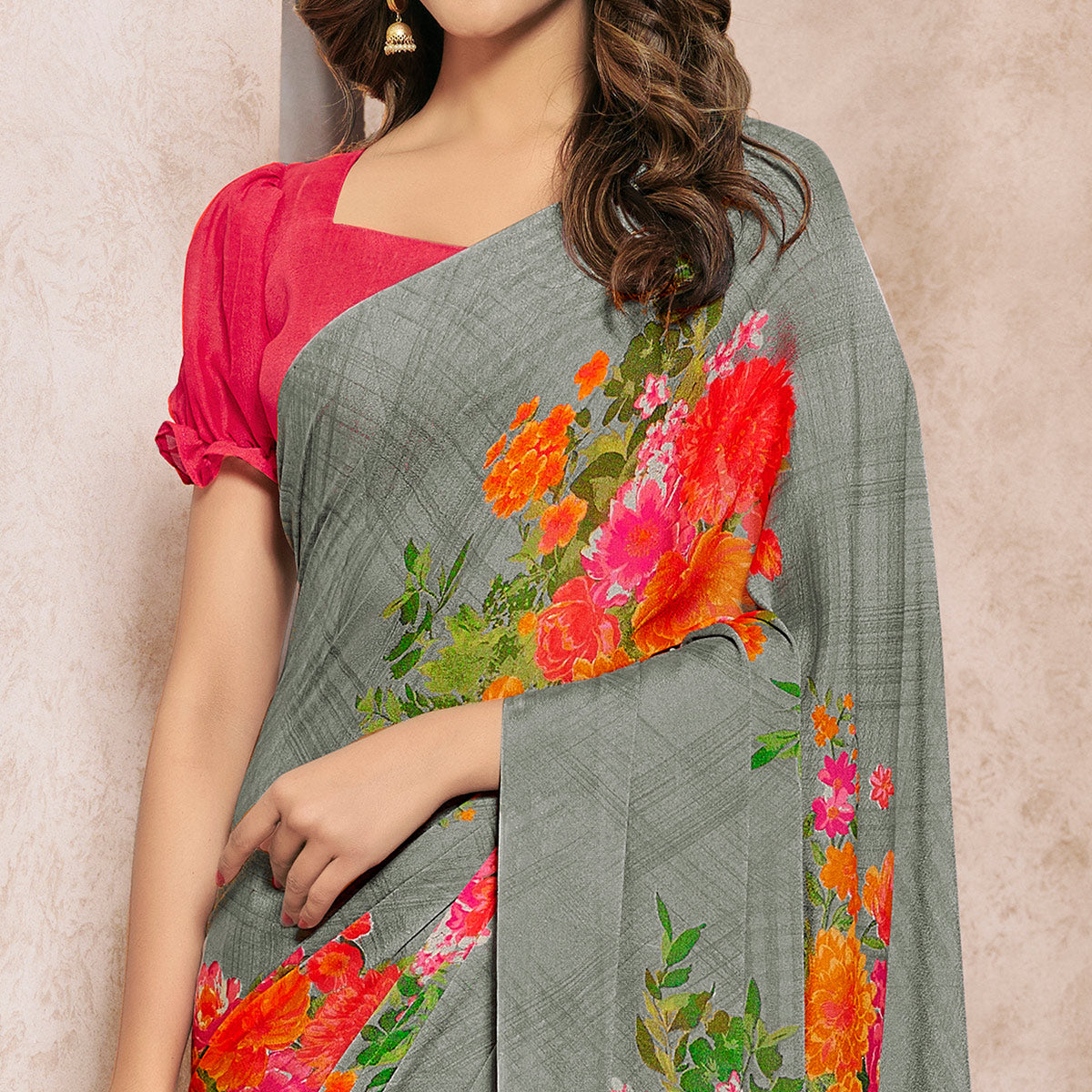 Grey Printed Georgette Saree