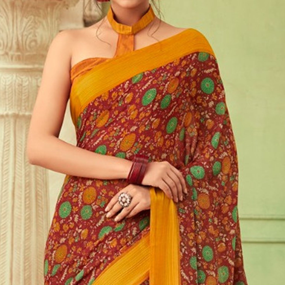 Maroon Floral Printed Chiffon Saree