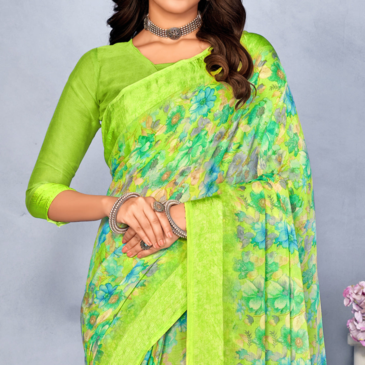 Green Floral Digital Printed Chiffon Saree