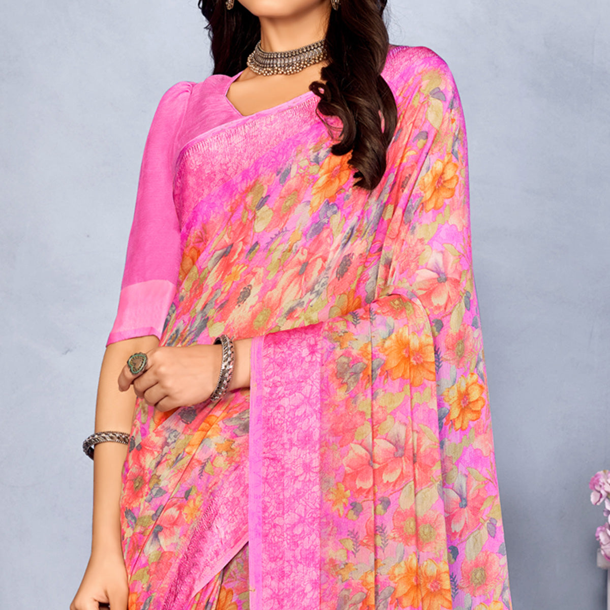 Pink Floral Digital Printed Chiffon Saree