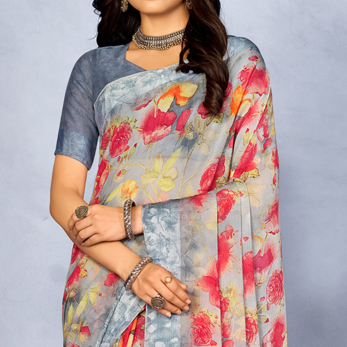 Grey Floral Digital Printed Chiffon Saree