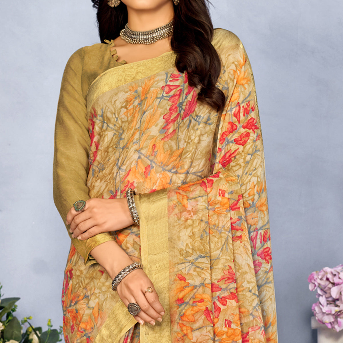 Chikoo Floral Digital Printed Chiffon Saree