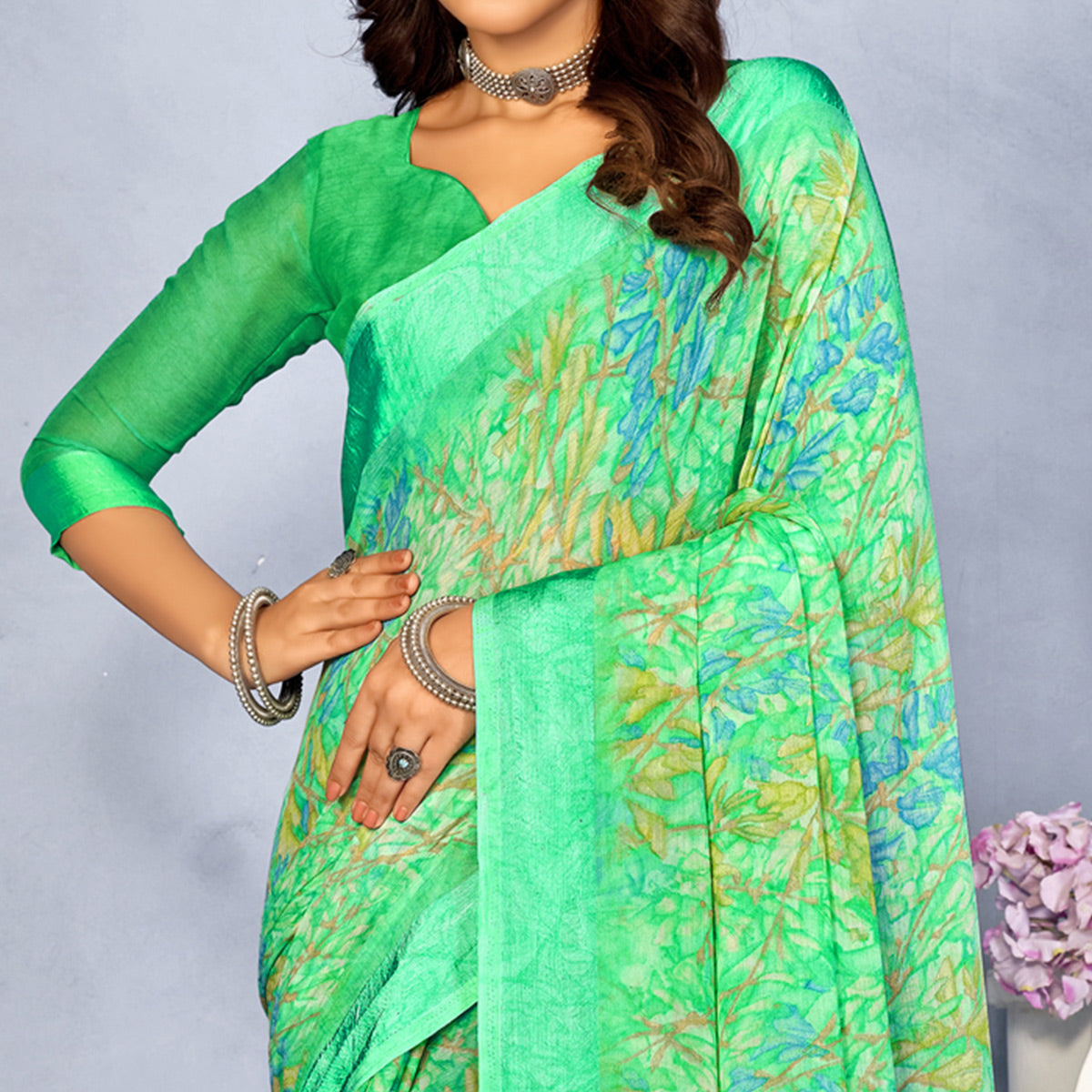 Sea Green Floral Digital Printed Chiffon Saree