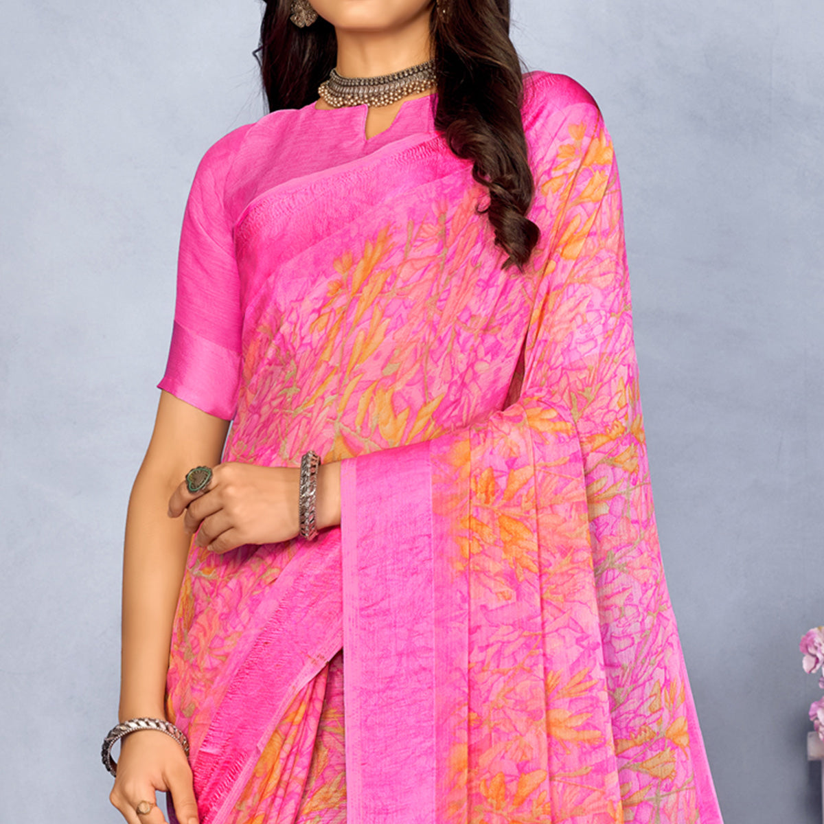 Pink Floral Digital Printed Chiffon Saree