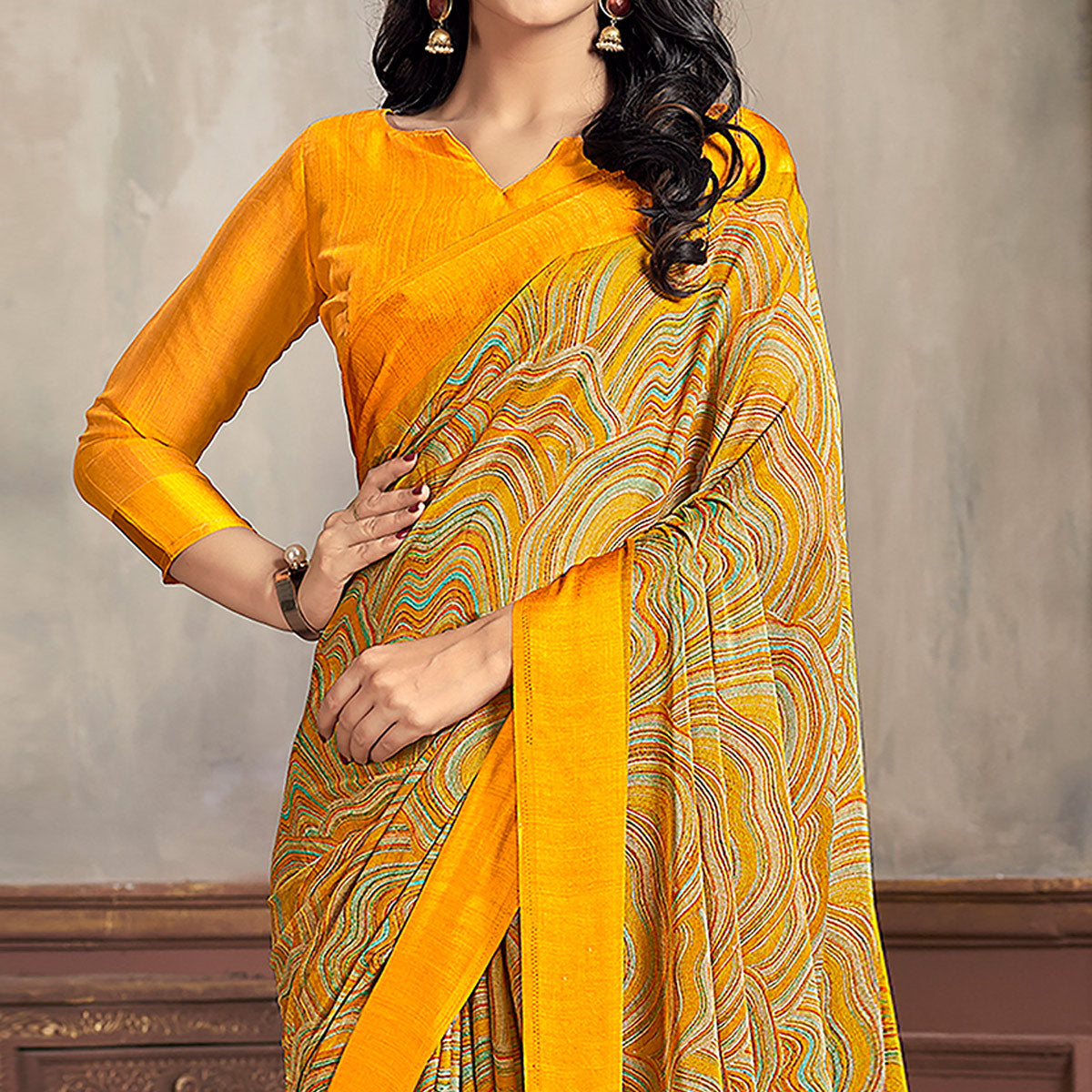 Yellow Printed Chiffon Saree With Woven Border