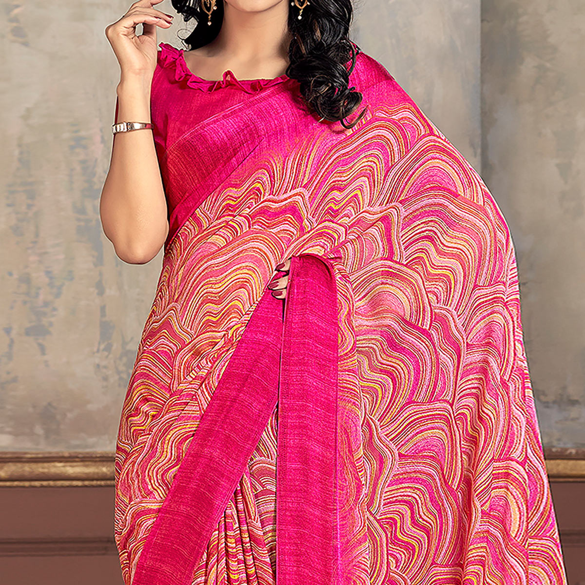 Pink Printed Chiffon Saree With Woven Border