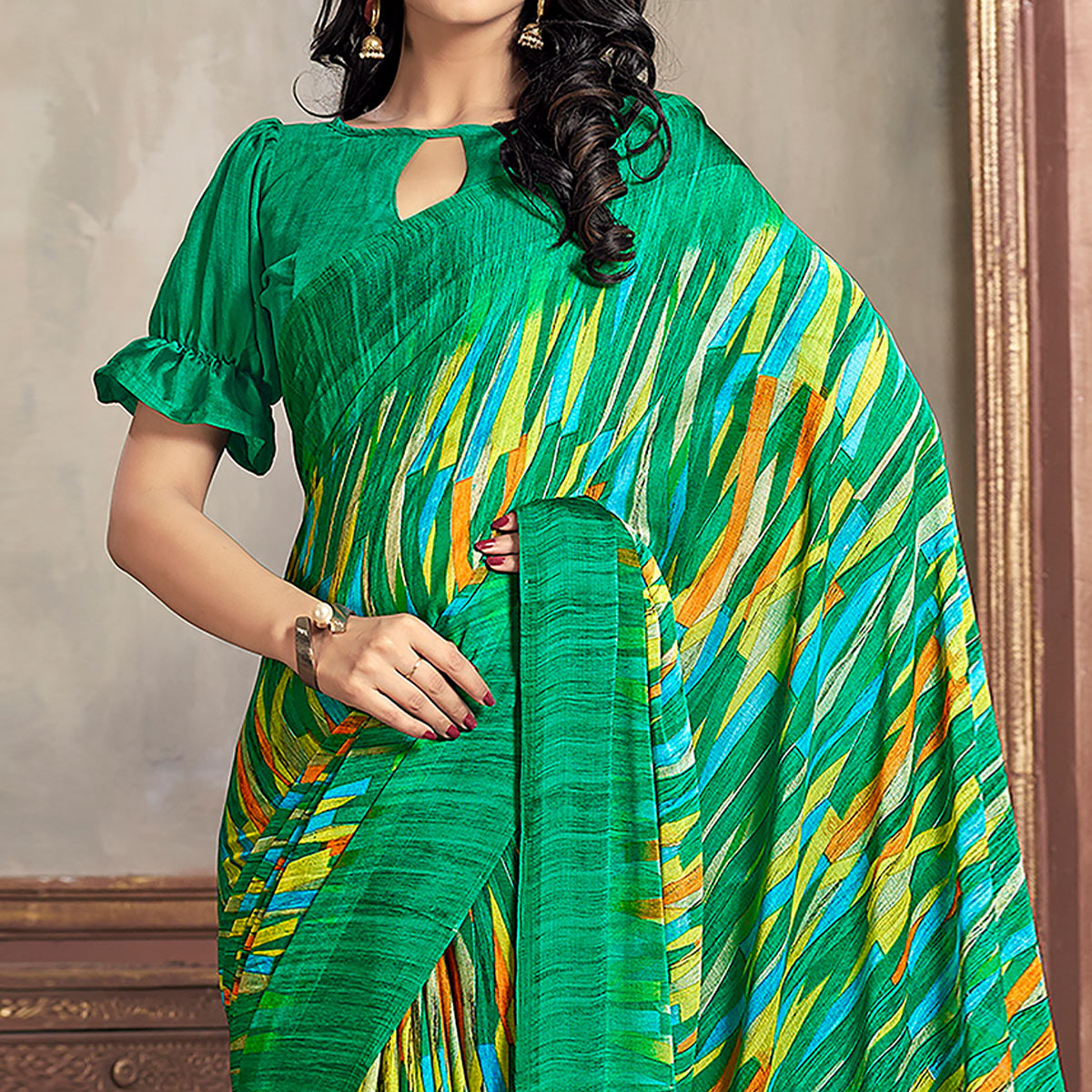 Green Printed Chiffon Saree With Woven Border