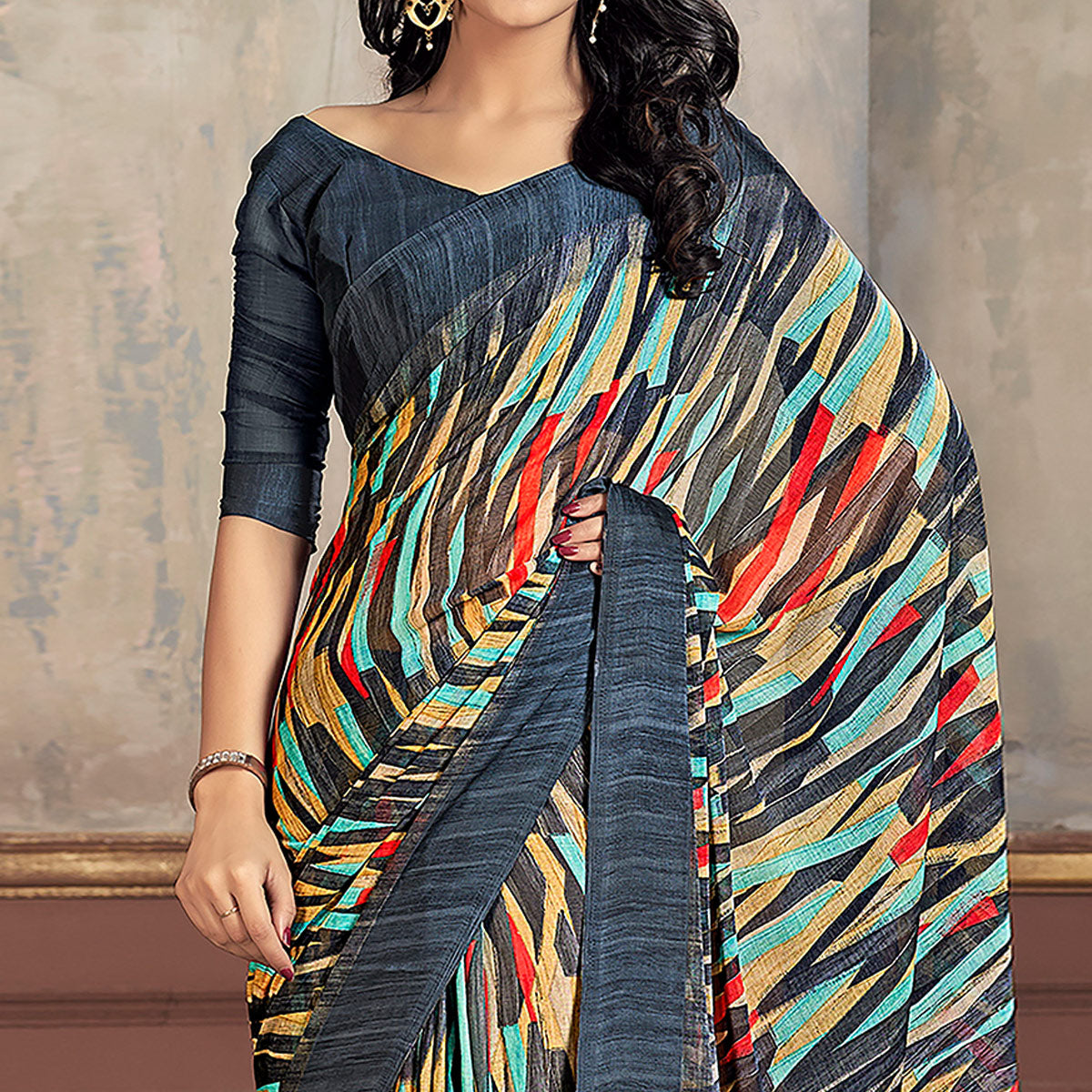 Grey Printed Chiffon Saree With Woven Border