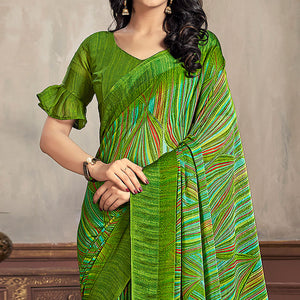 Green Printed Chiffon Saree With Woven Border