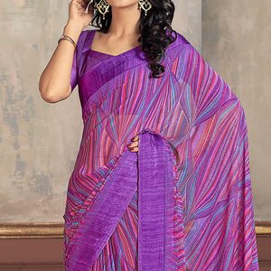 Purple Printed Chiffon Saree With Woven Border