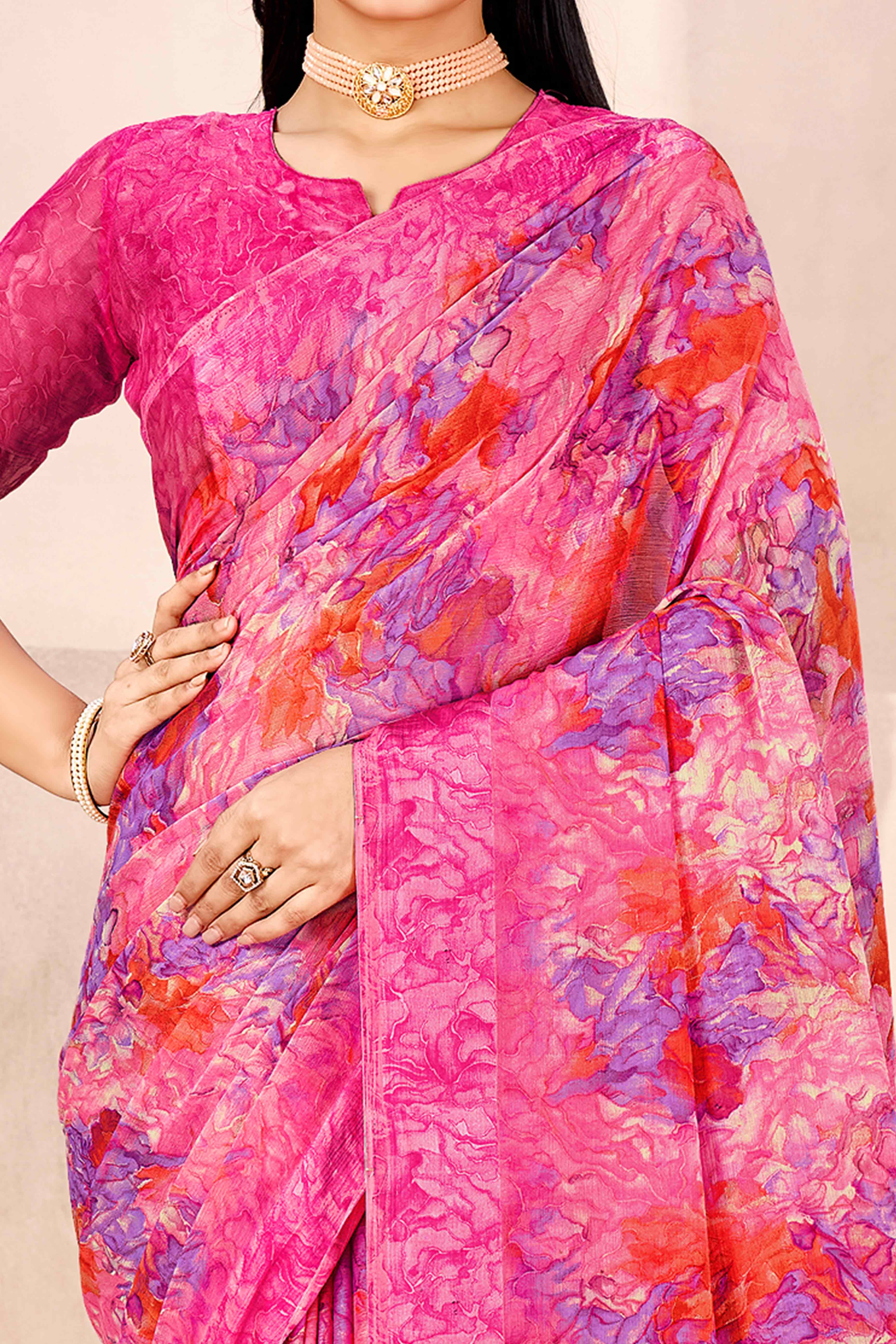 Magenta Chiffon Saree With Delicate Floral Prints & Elegant Woven Border