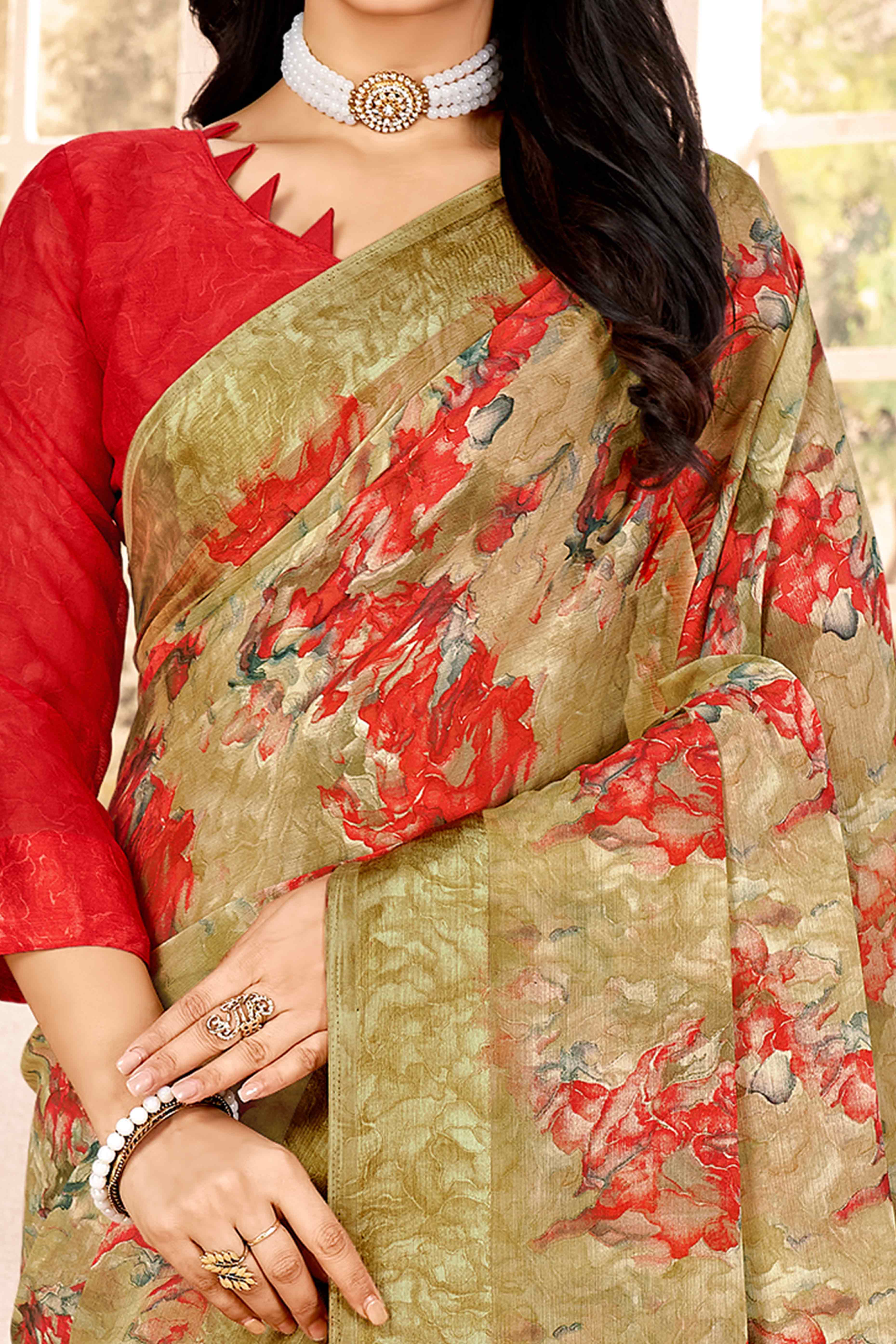 Mehendi Green Chiffon Saree With Delicate Floral Prints & Elegant Woven Border