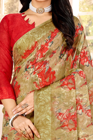 Mehendi Green Chiffon Saree With Delicate Floral Prints & Elegant Woven Border