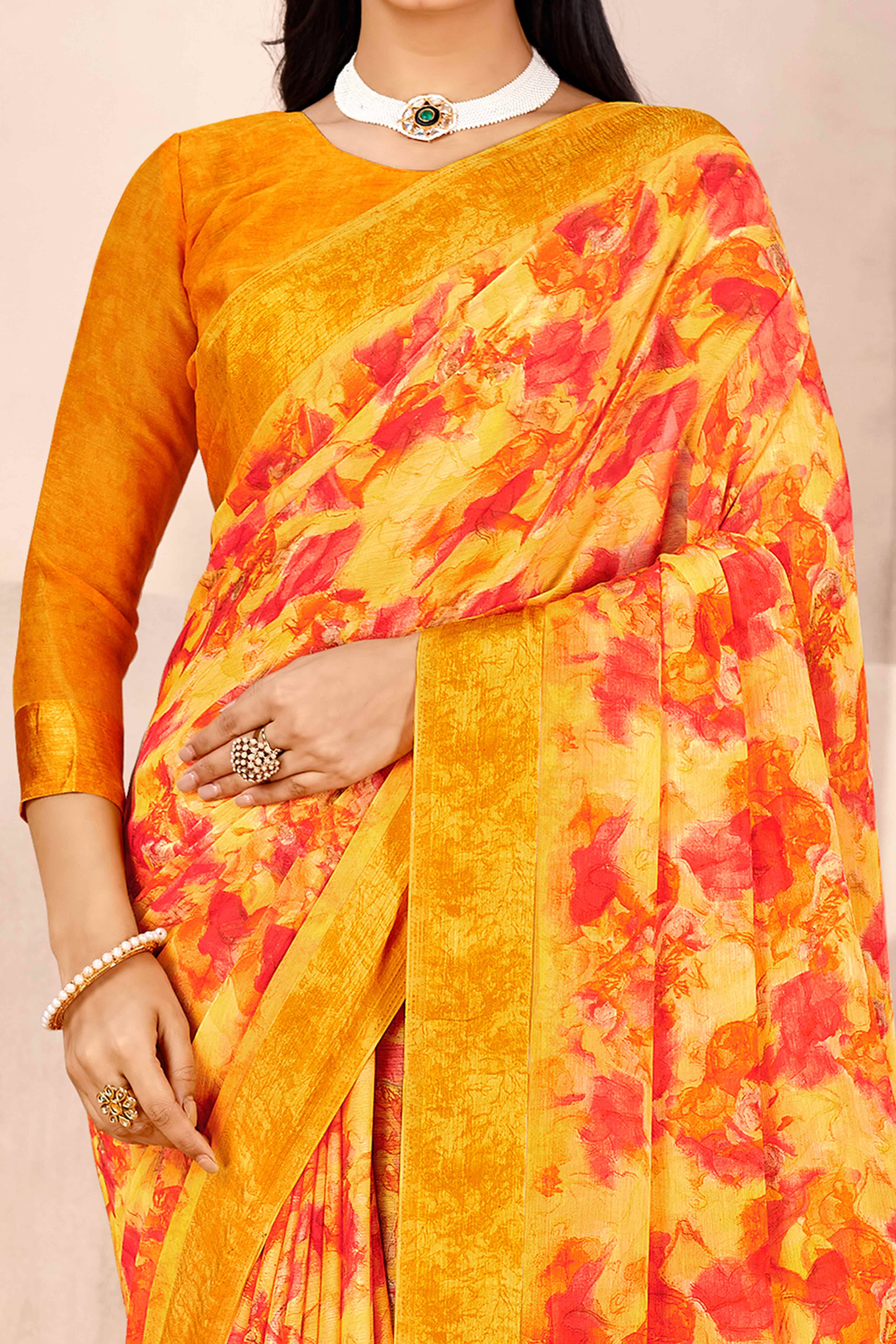 Mustard Chiffon Saree With Delicate Floral Prints & Elegant Woven Border