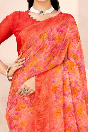 Red Chiffon Saree With Delicate Floral Prints & Elegant Woven Border