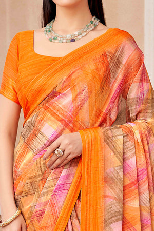 Orange Chiffon Saree With Delicate Prints & Elegant Satin Woven Border