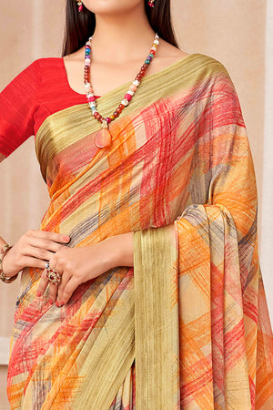 Multicolor Chiffon Saree With Delicate Prints & Elegant Satin Woven Border