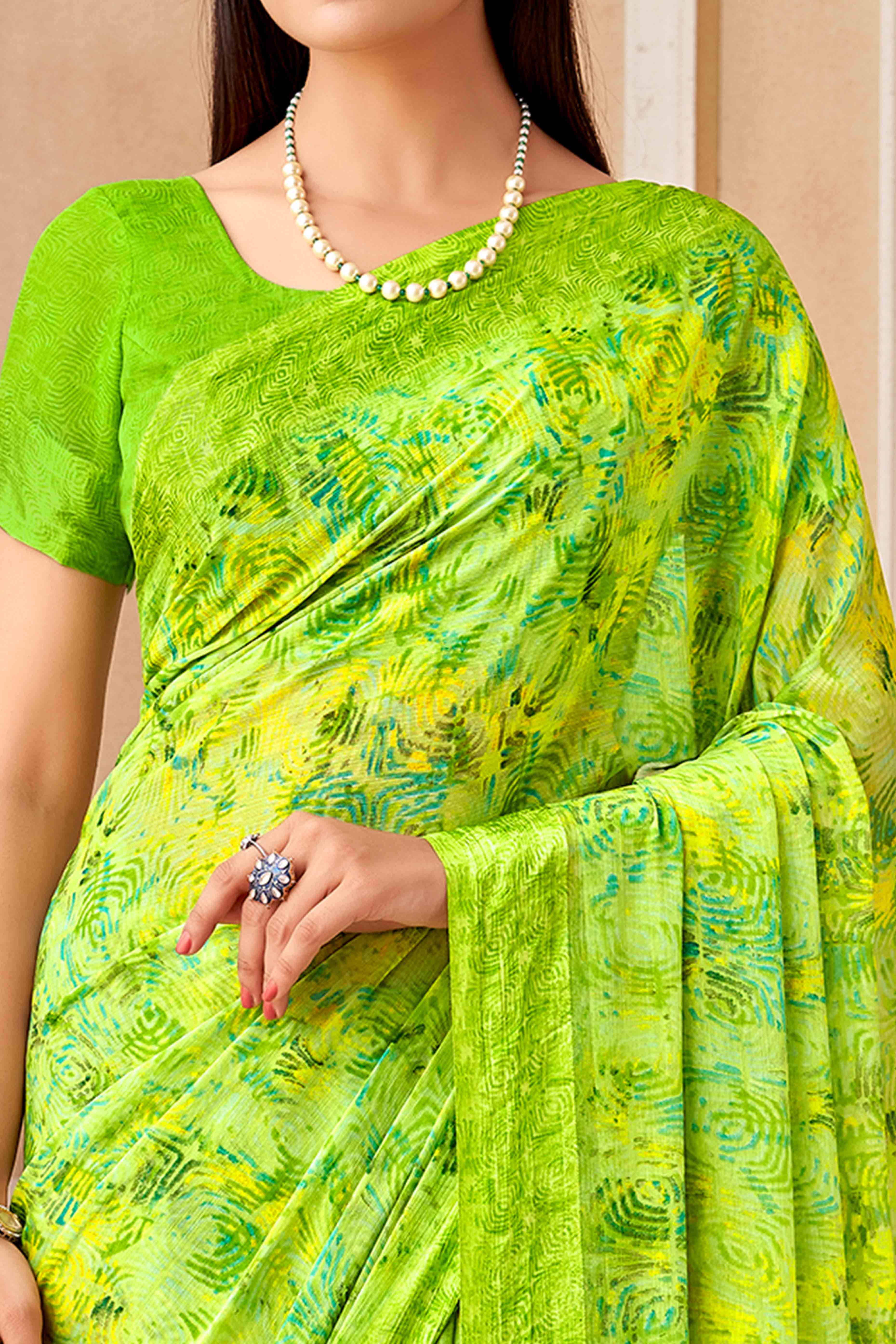 Green Chiffon Saree With Delicate Prints & Elegant Satin Woven Border