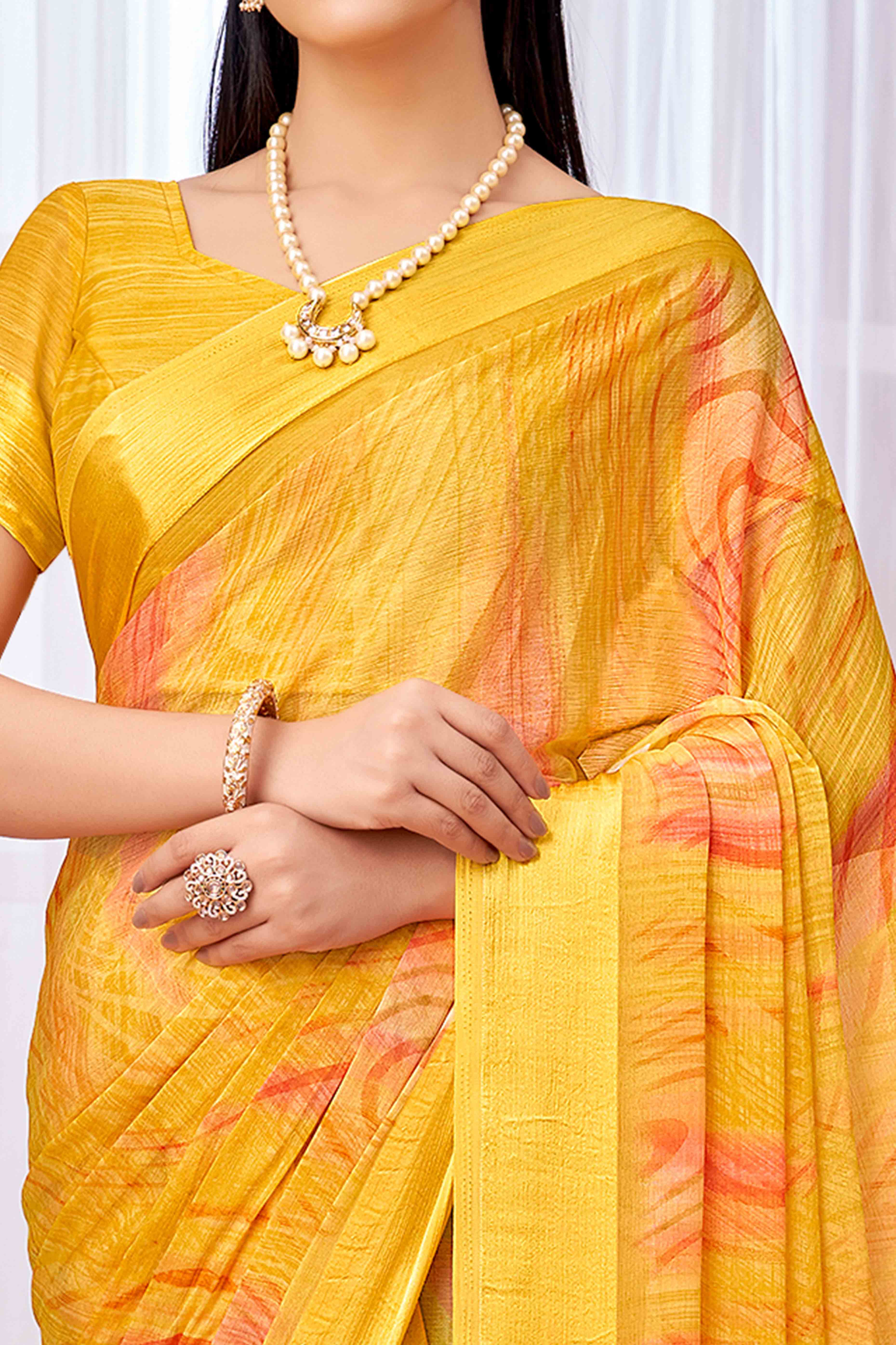 Mustard Chiffon Saree With Delicate Prints & Elegant Satin Woven Border