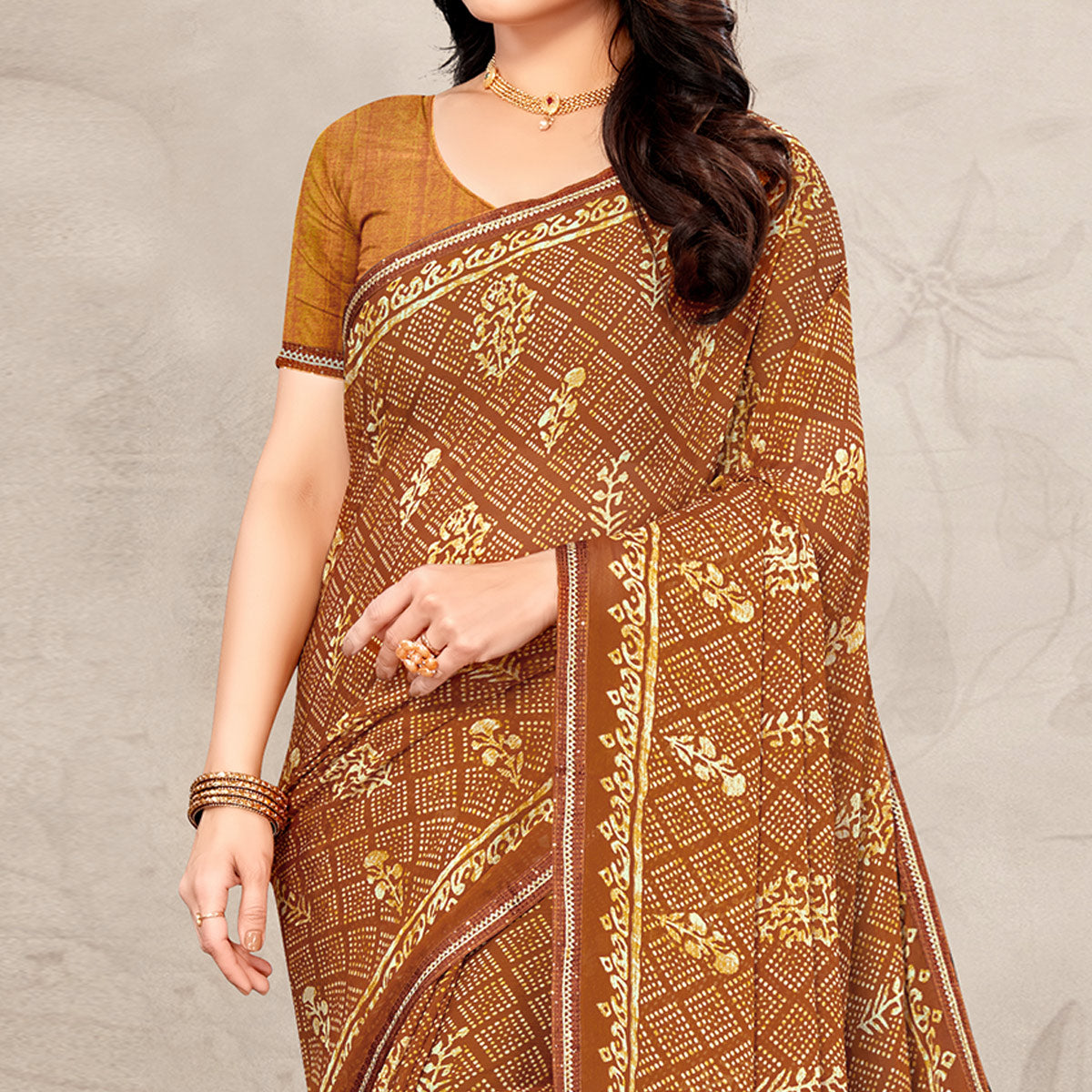 Mustard Floral Printed Chiffon Saree