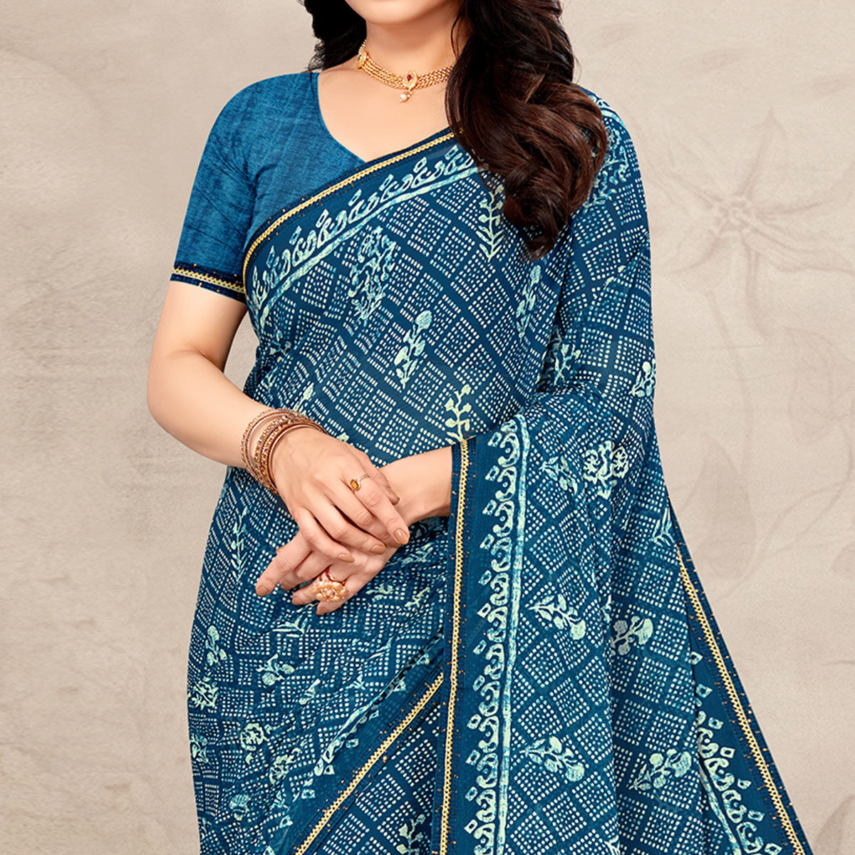 Blue Floral Printed Chiffon Saree