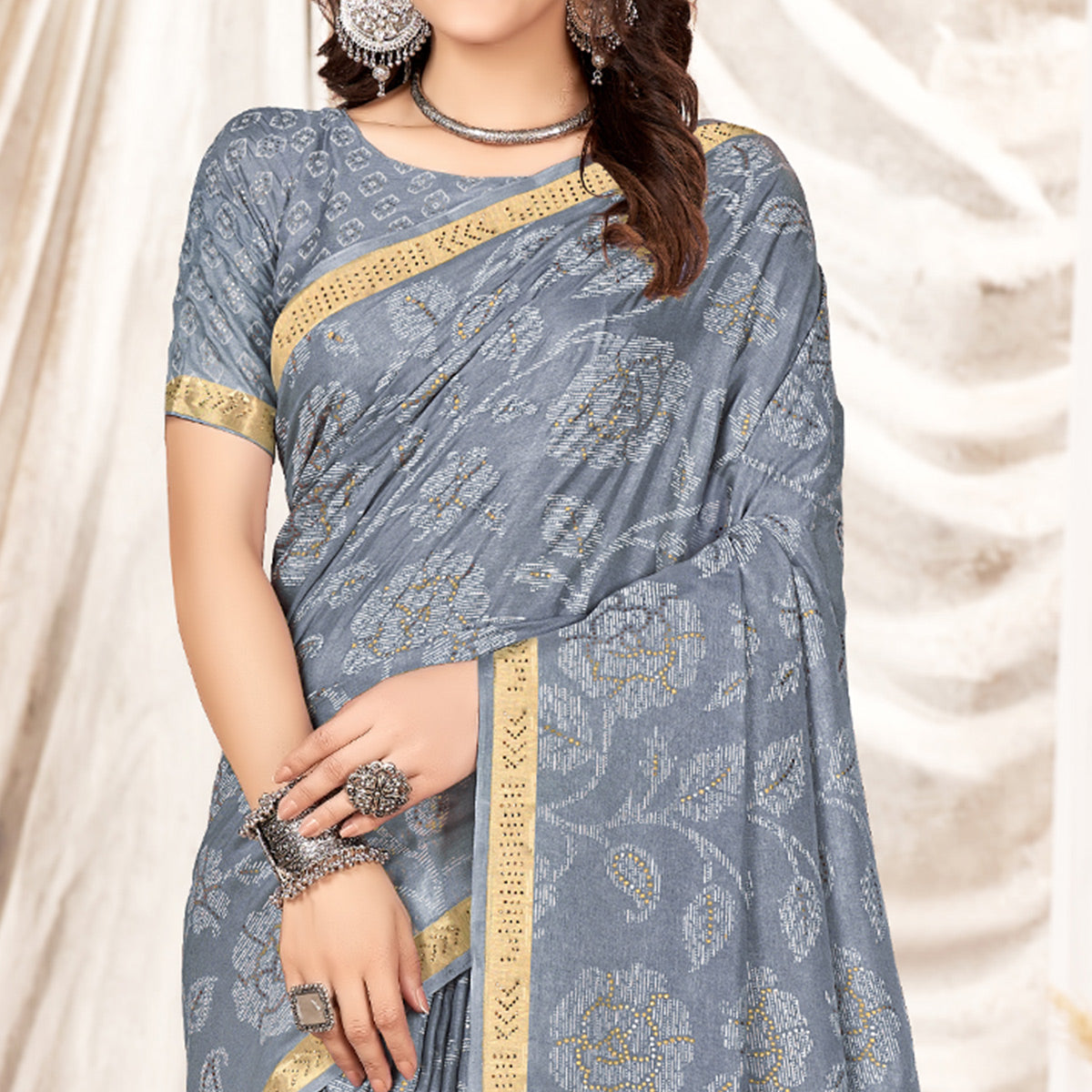 Grey Foil Printed Tussar Silk Saree With Tassels