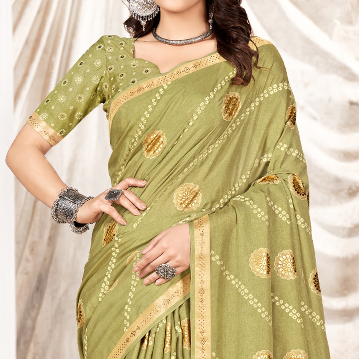 Pista Green Foil Printed Tussar Silk Saree With Tassels