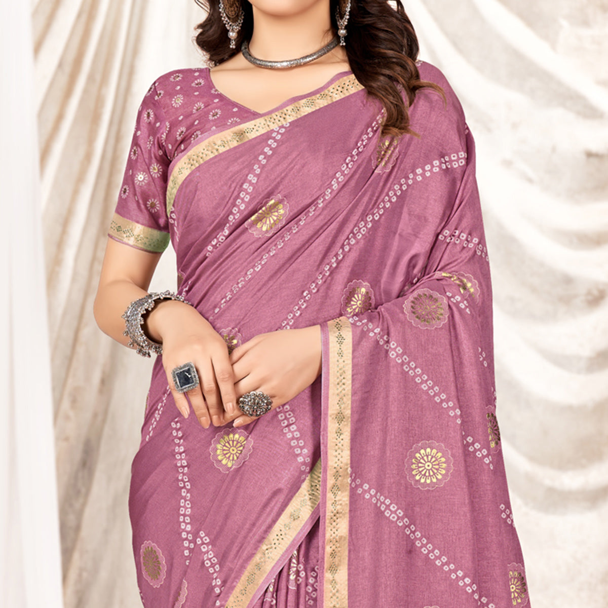 Dusty Pink Foil Printed Tussar Silk Saree With Tassels