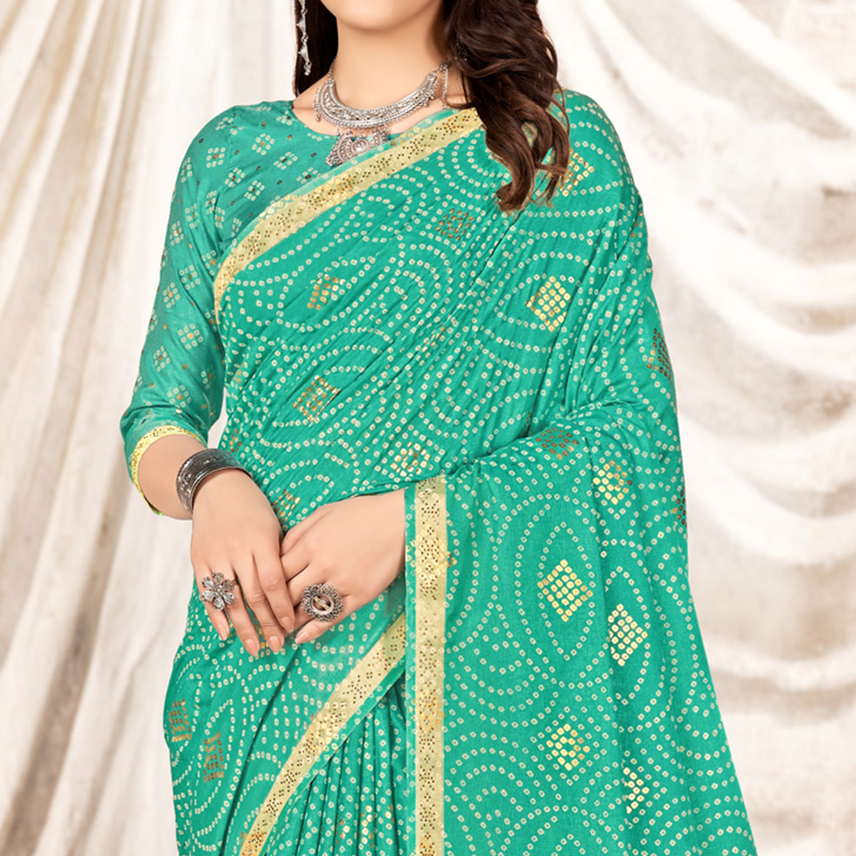 Turquoise Foil Printed Tussar Silk Saree With Tassels