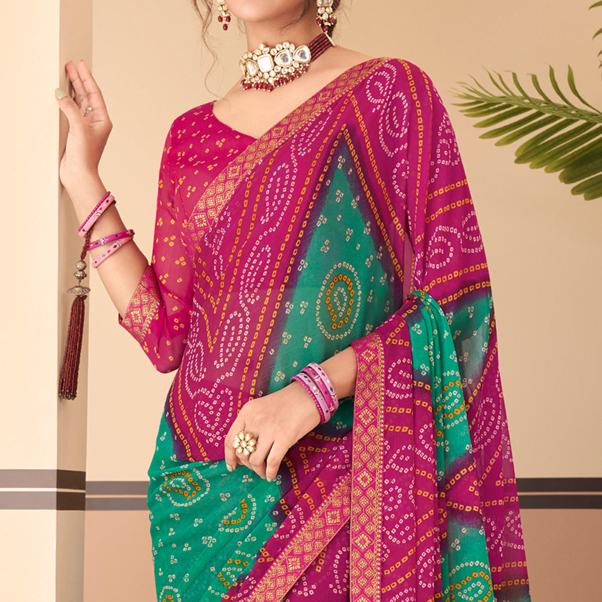 Magenta & Green Bandhani Printed Chiffon Saree With Lace Border