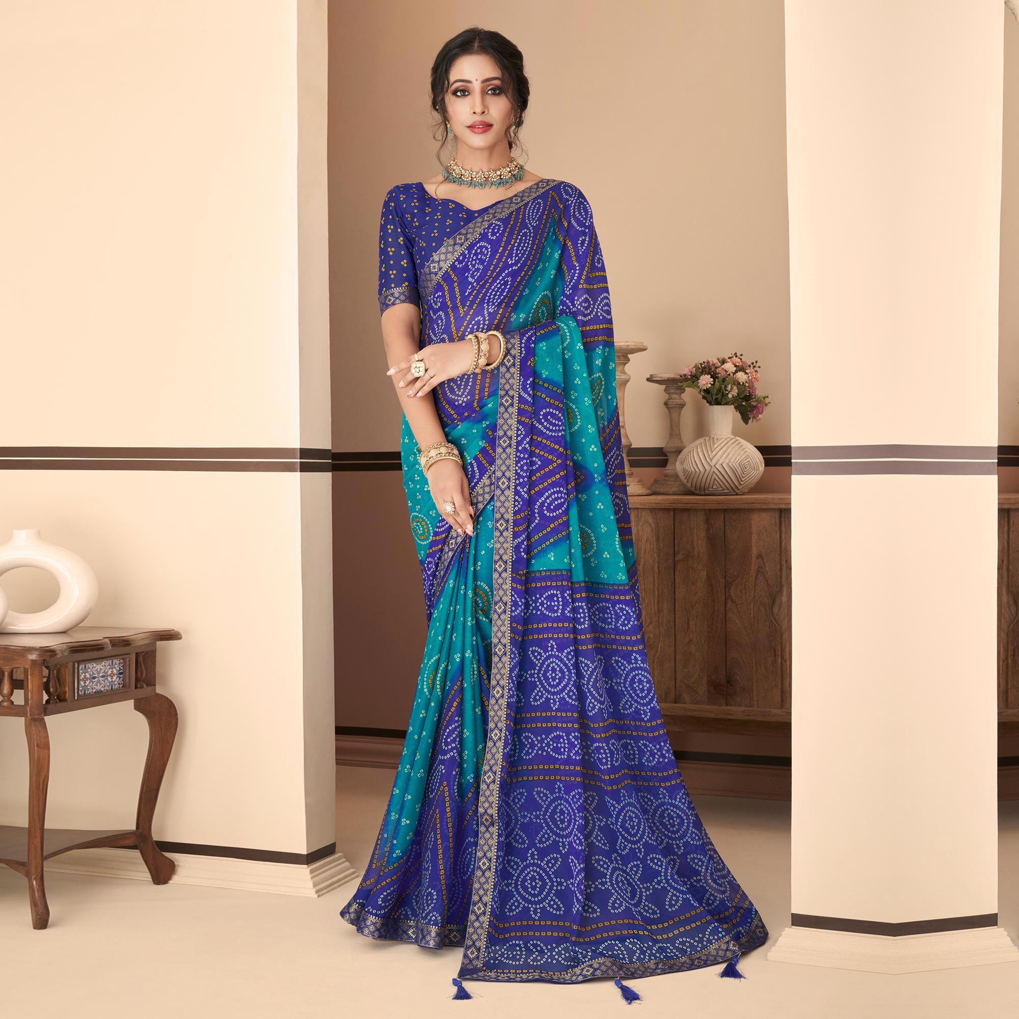 Blue Bandhani Printed Chiffon Saree With Lace Border