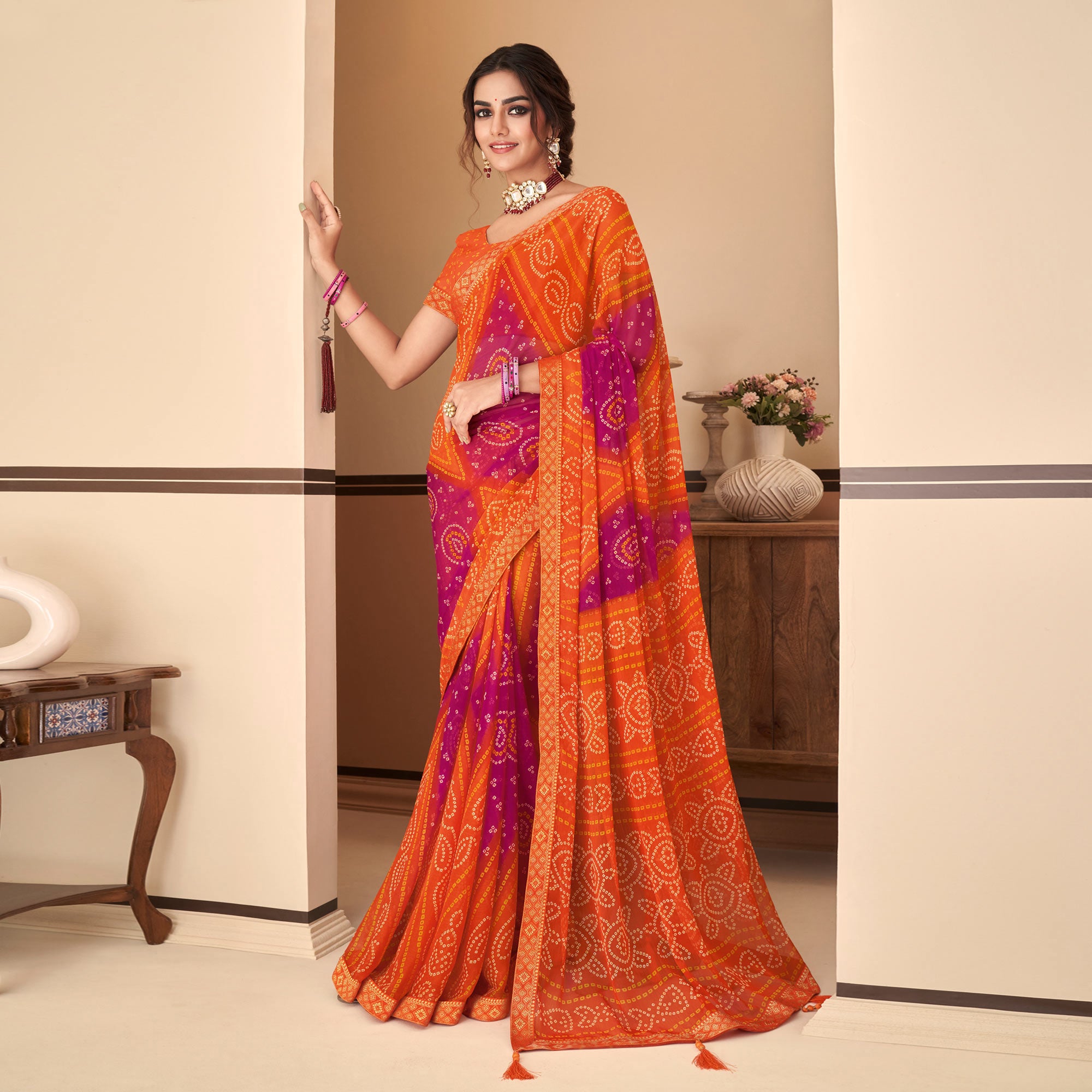 Orange & Magenta Bandhani Printed Chiffon Saree With Lace Border