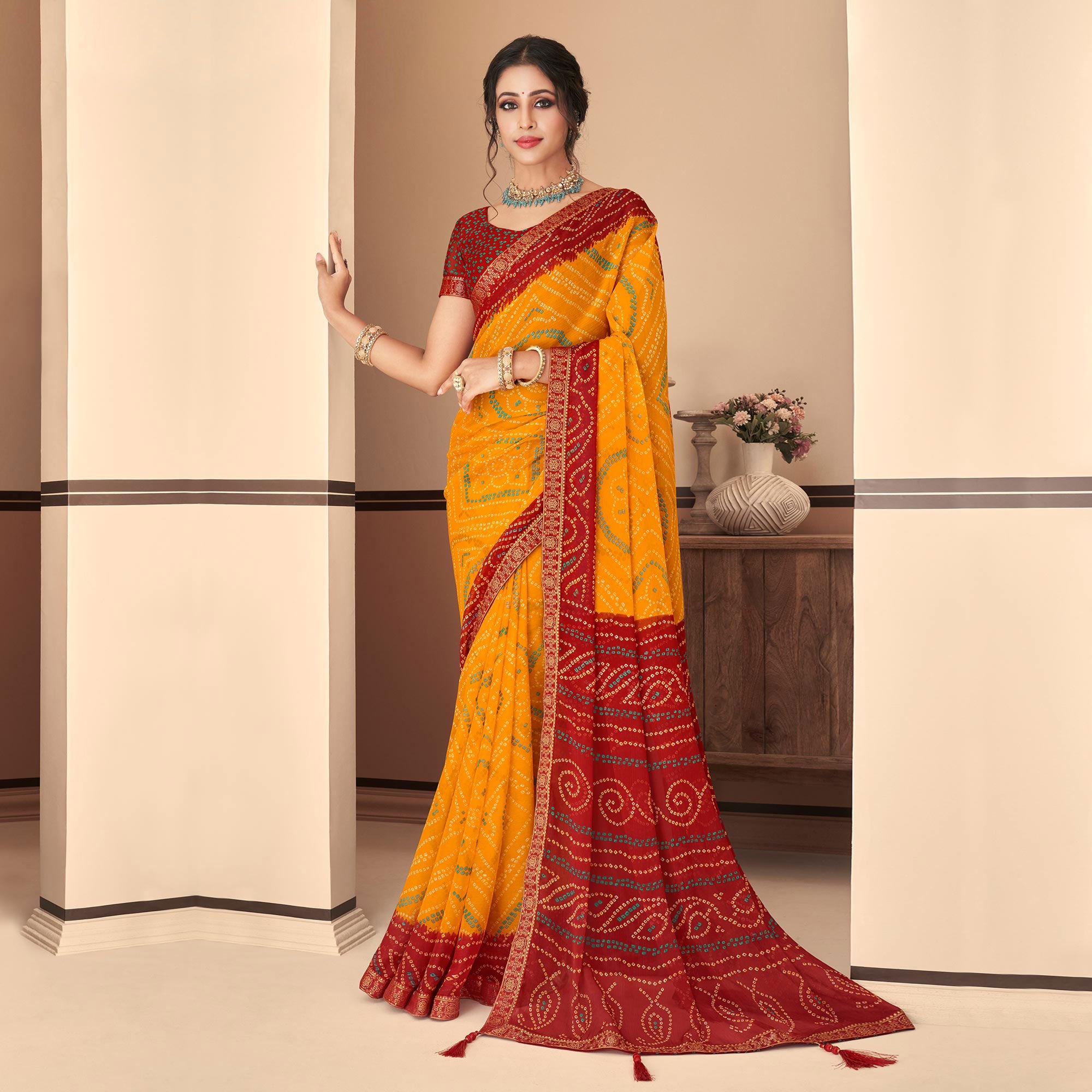 Yellow & Maroon Bandhani Printed Chiffon Saree With Lace Border