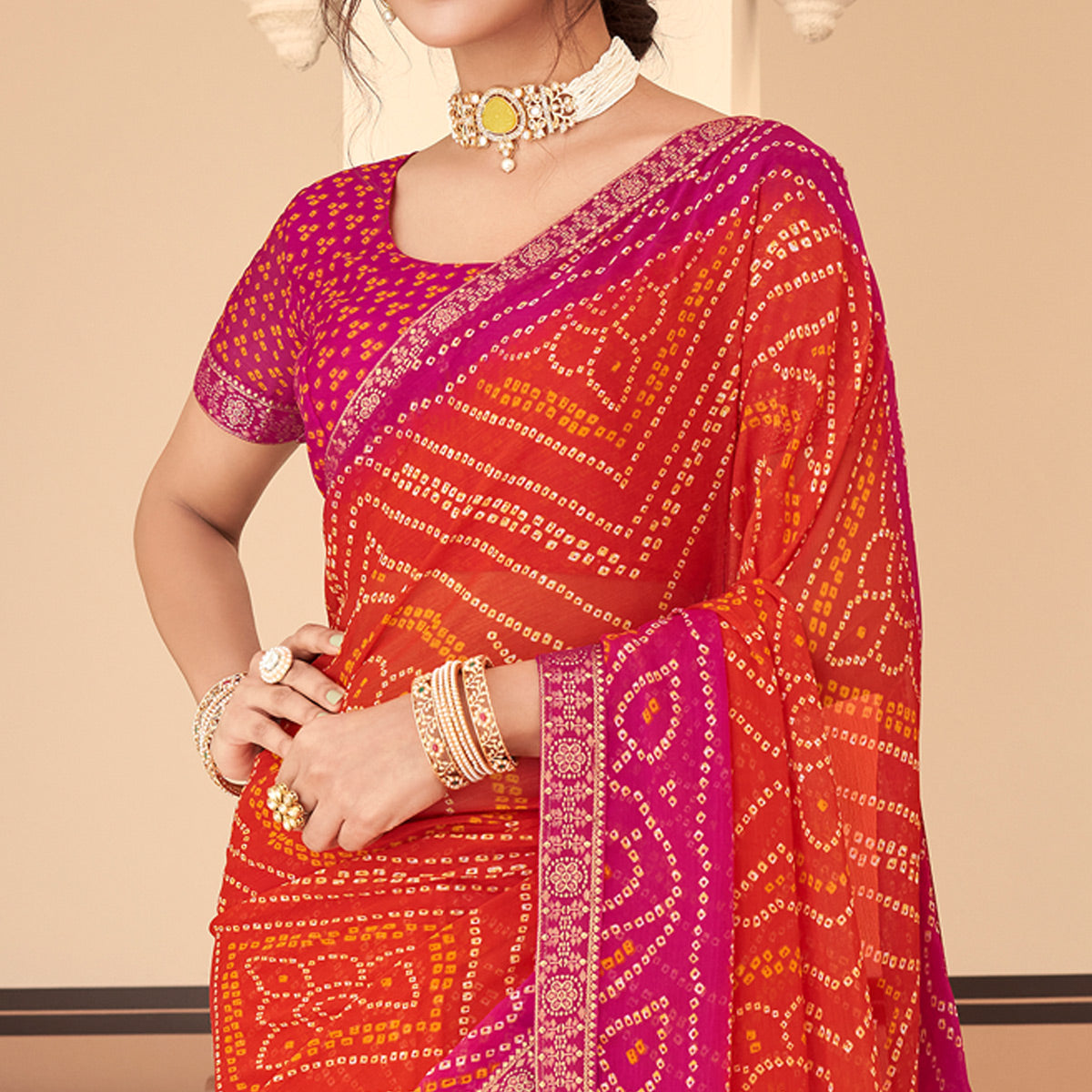 Red & Magenta Bandhani Printed Chiffon Saree With Lace Border