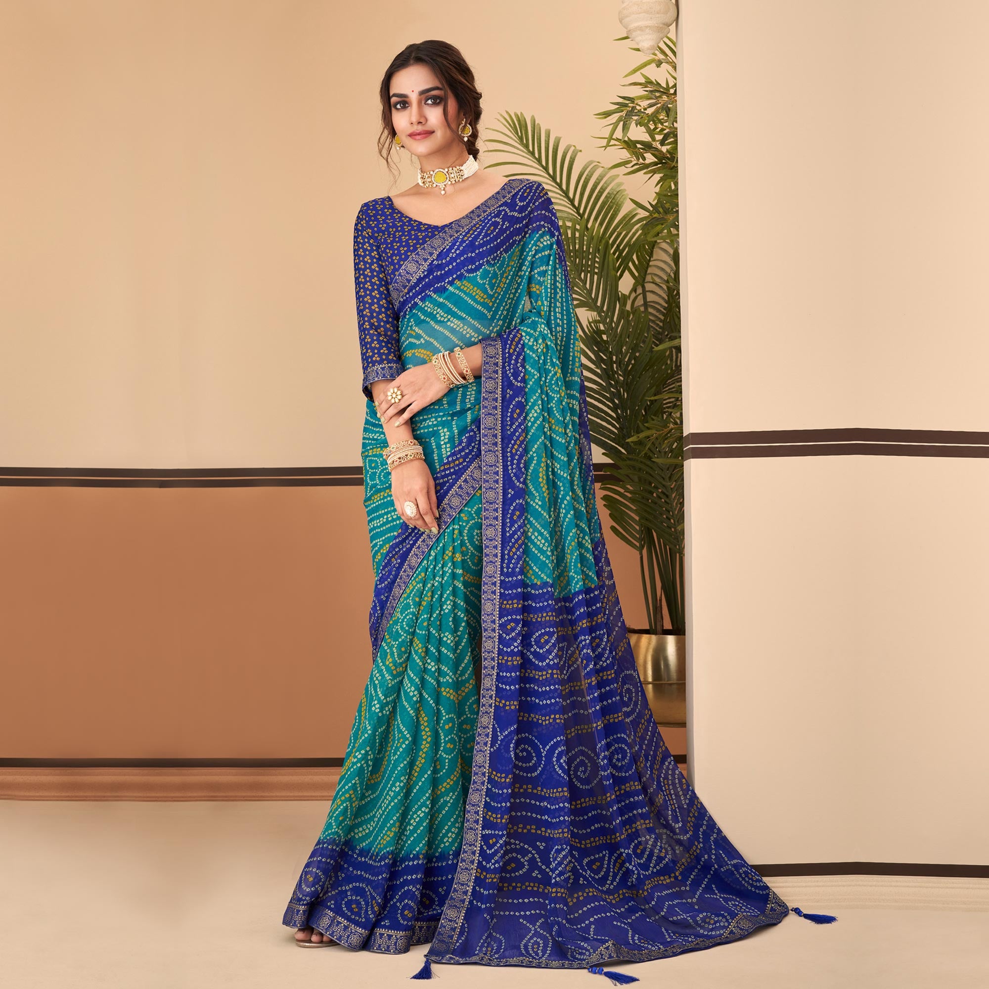 Teal & Blue Bandhani Printed Chiffon Saree With Lace Border