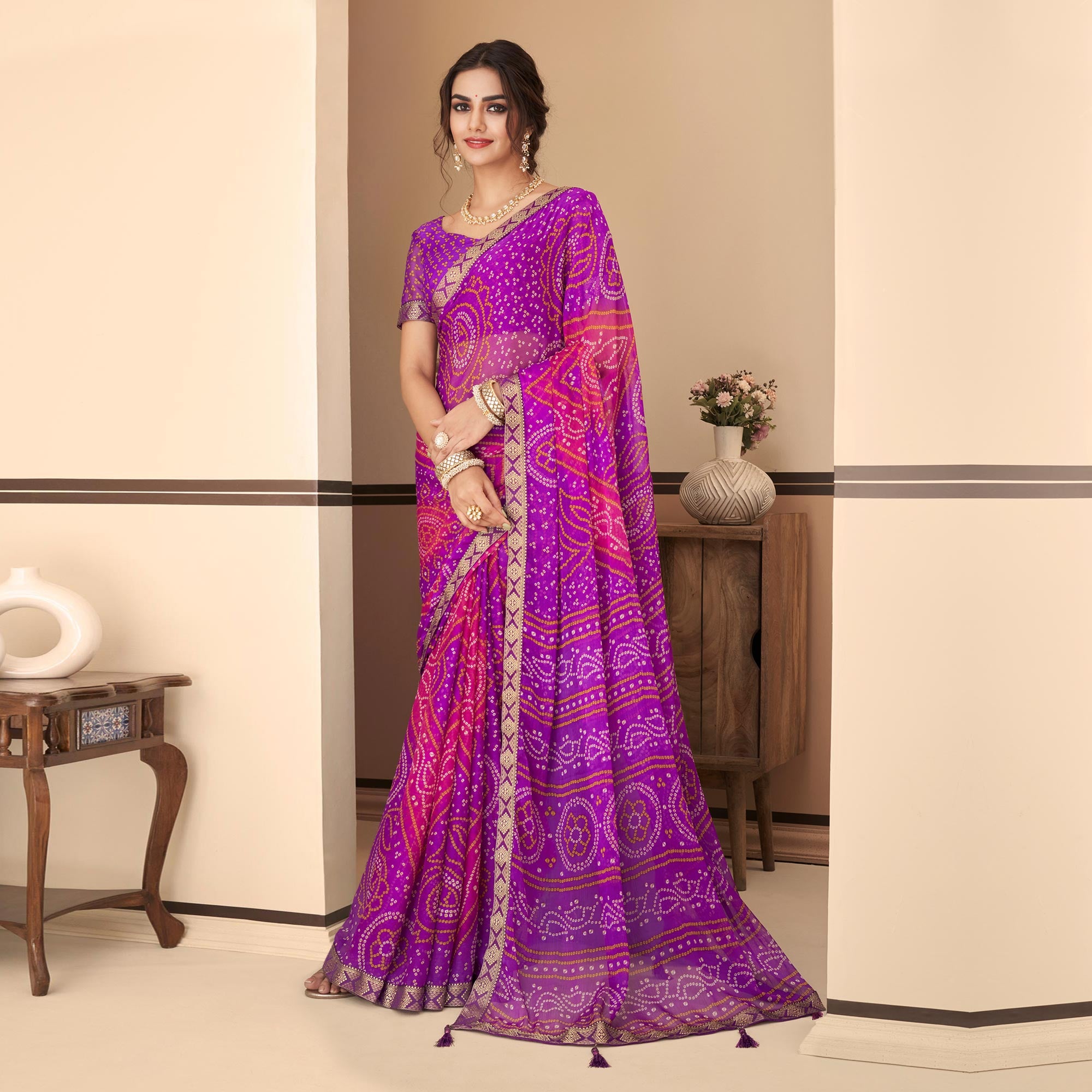 Purple Bandhani Printed Chiffon Saree With Lace Border