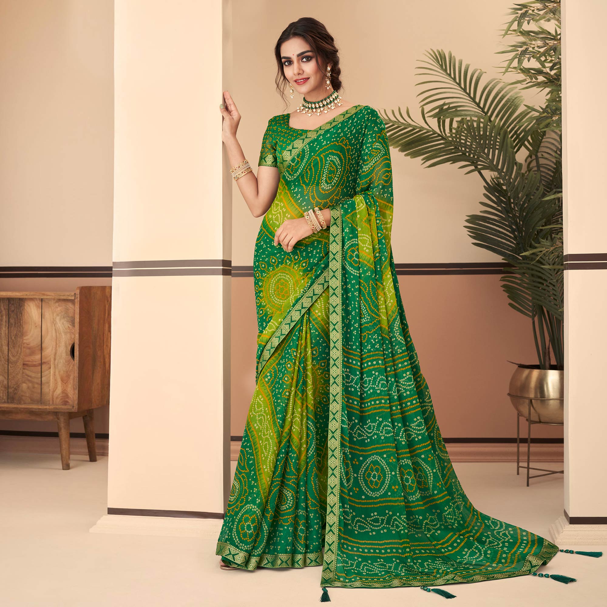 Green Bandhani Printed Chiffon Saree With Lace Border