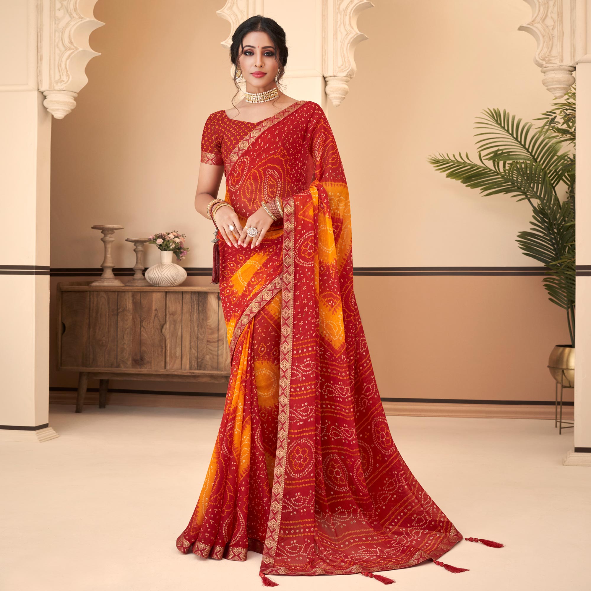 Red & Yellow Bandhani Printed Chiffon Saree With Lace Border