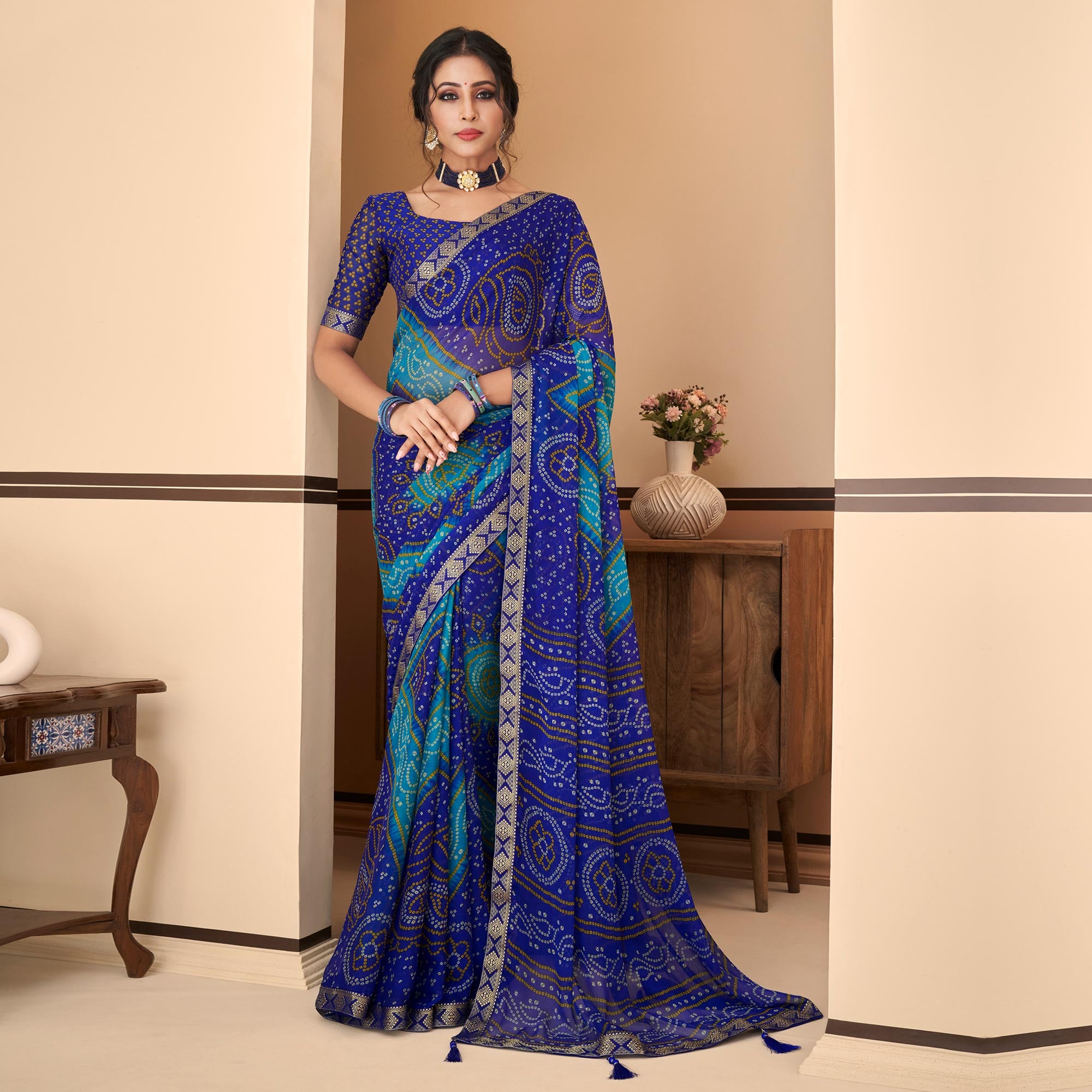 Blue Bandhani Printed Chiffon Saree With Lace Border