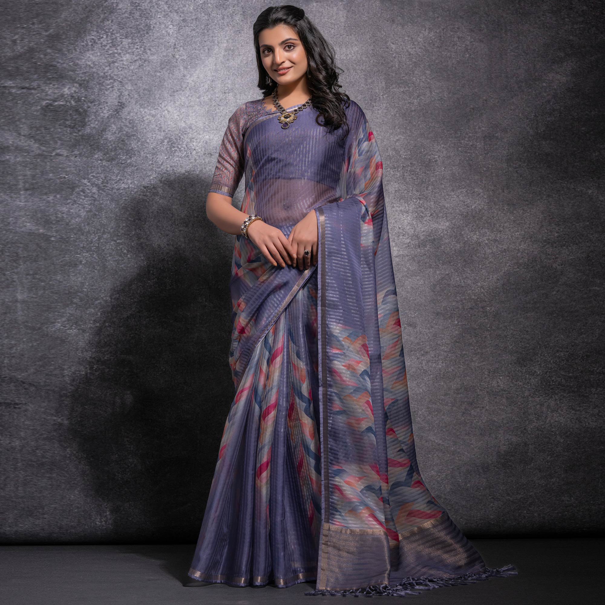 Purple Digital Printed Linen Saree With Woven Border