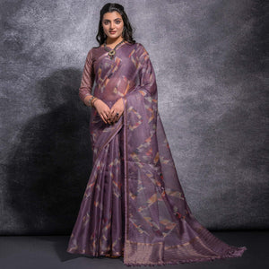 Purple Digital Printed Linen Saree With Woven Border