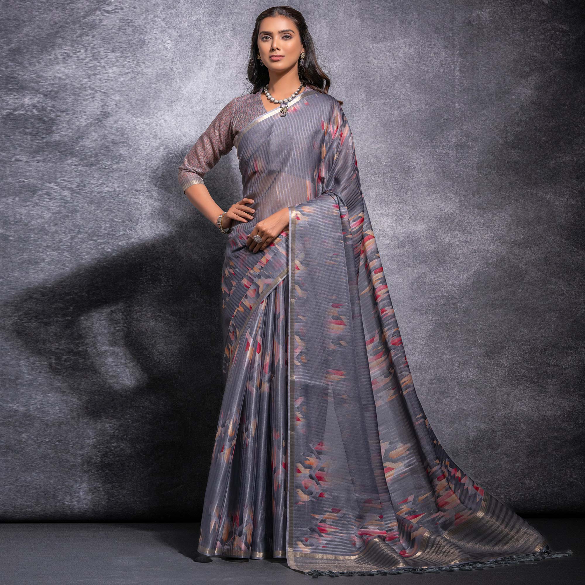 Grey Digital Printed Linen Saree With Woven Border